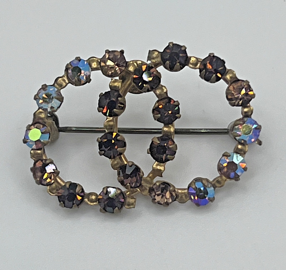 Vintage Aurora Borealis Interlocking Double Circle Rhinestone Brooch GoldTone